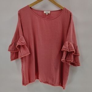 Umgee + Pink Cotton Top Size XL Ruffle Short Sleeve Frayed Hem Throughout